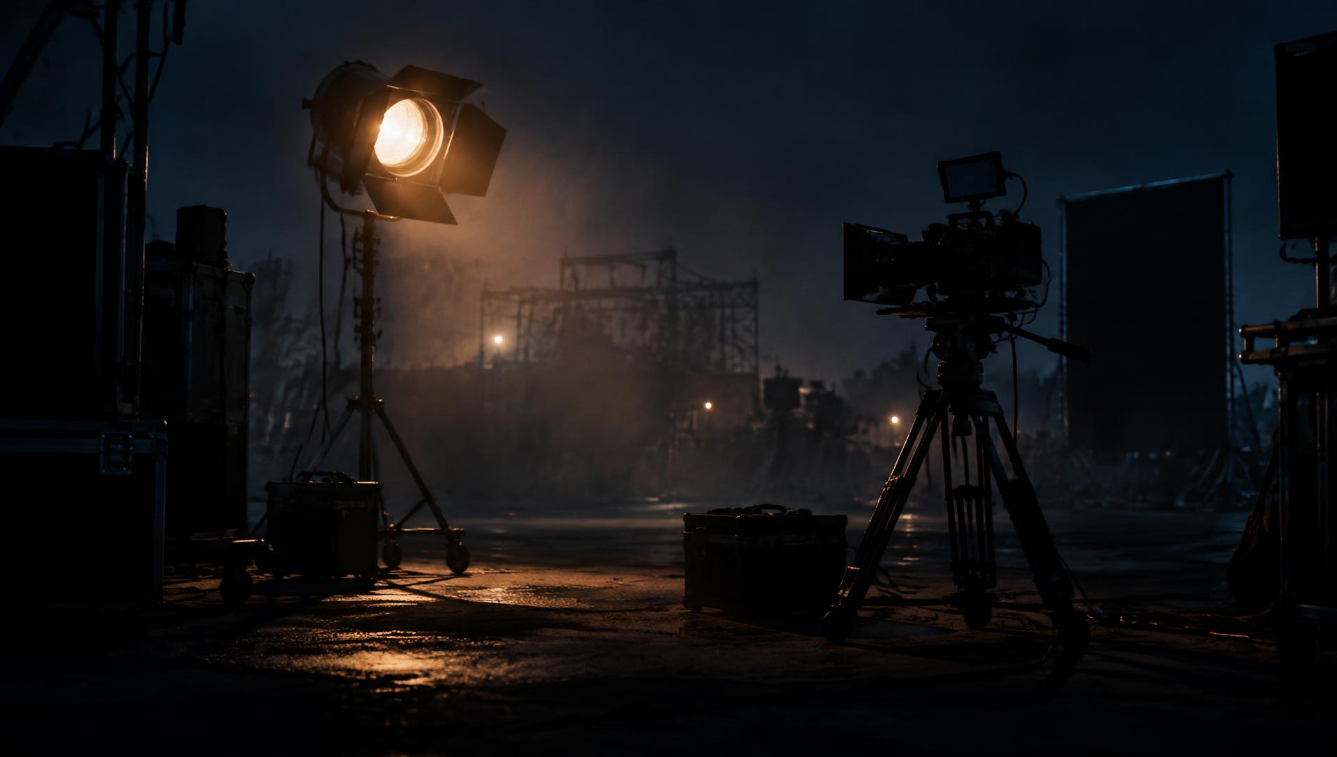 A single warm production light glowing on a darkened film set beside a camera.